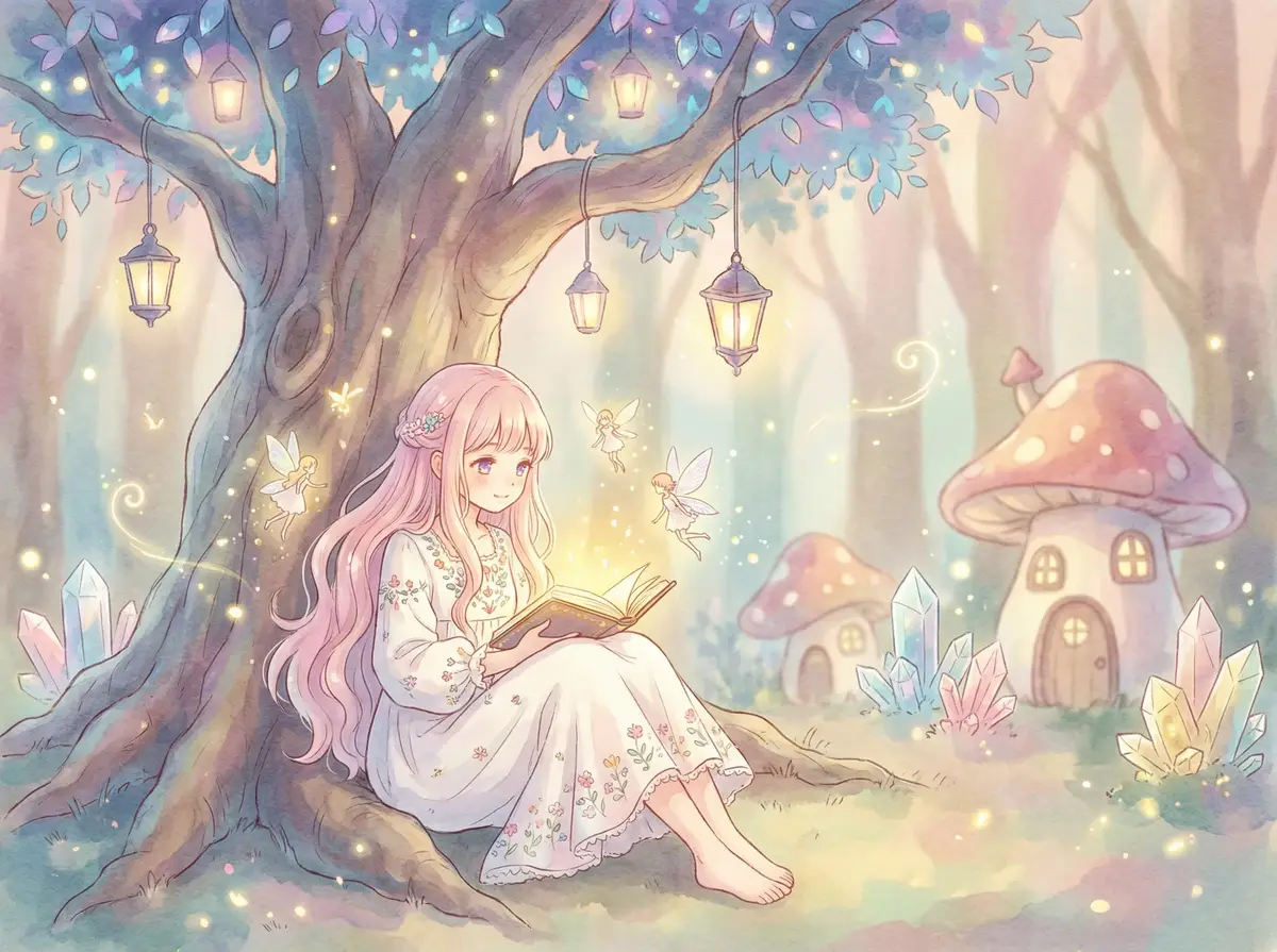 看片儿的网址 - 魔法森林中阅读故事书的粉发少女与精灵